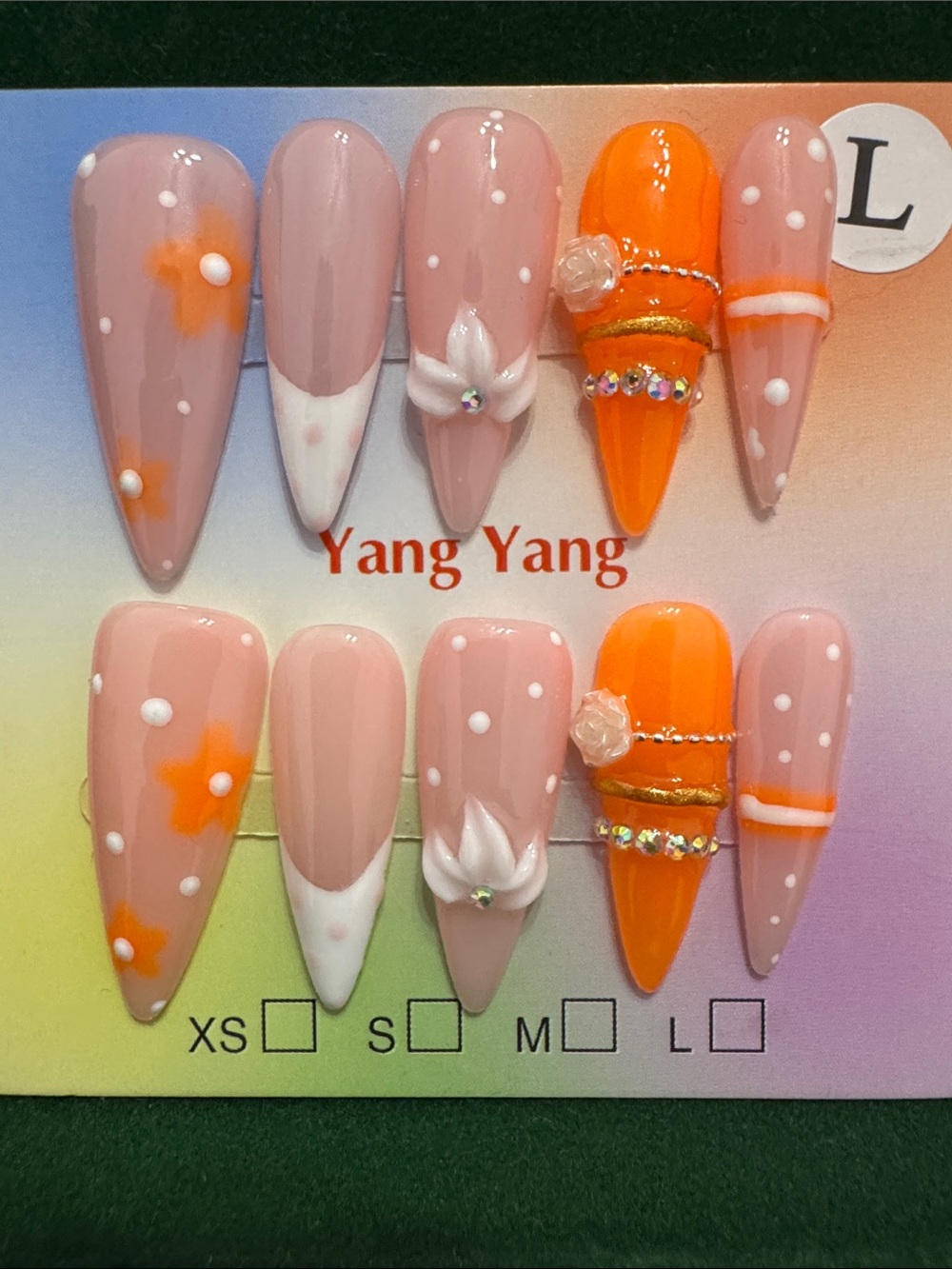Pink & Orange Stiletto Press-On Nails with 3D Floral Accents